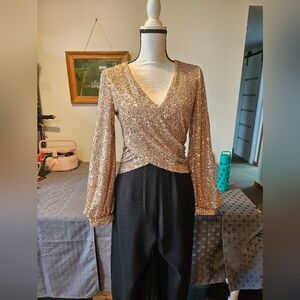 Vince Camuto Gold Sequin Top Jumpsuit.